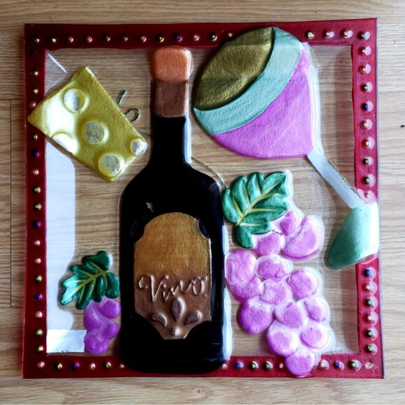 LSARTS Glass Wine And Cheese PLATTER 11.5 Square Vino Bottle Wine Glass Grapes - Picture 2 of 10